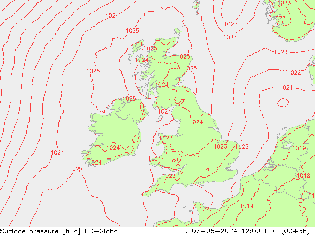 Surface pressure UK-Global Tu 07.05.2024 12 UTC