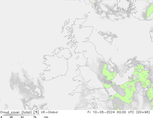 Bewolking (Totaal) UK-Global vr 10.05.2024 00 UTC