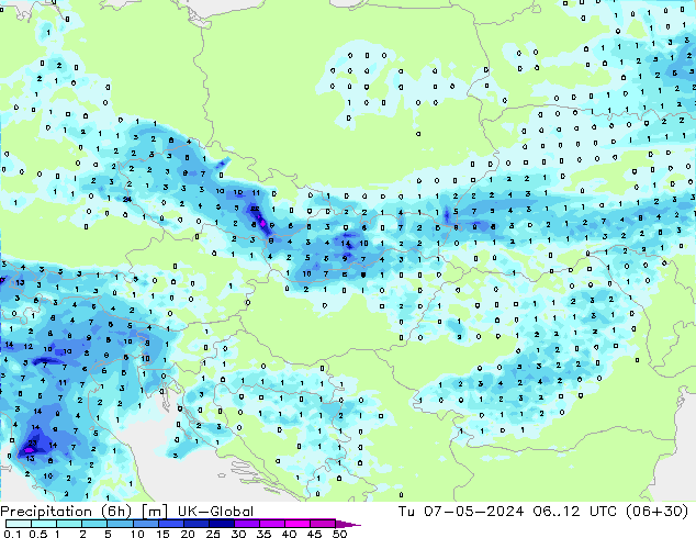Precipitazione (6h) UK-Global mar 07.05.2024 12 UTC