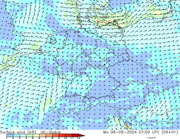 Viento 10 m (bft) UK-Global lun 06.05.2024 07 UTC