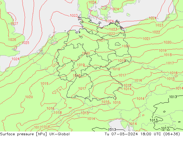 Surface pressure UK-Global Tu 07.05.2024 18 UTC