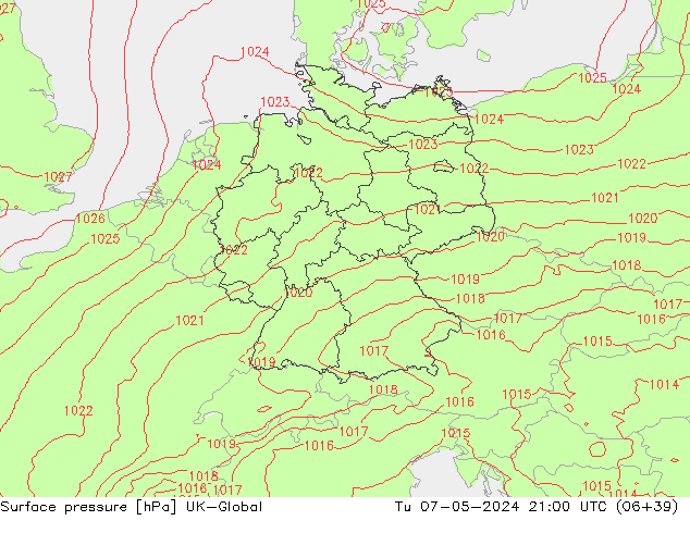 Luchtdruk (Grond) UK-Global di 07.05.2024 21 UTC