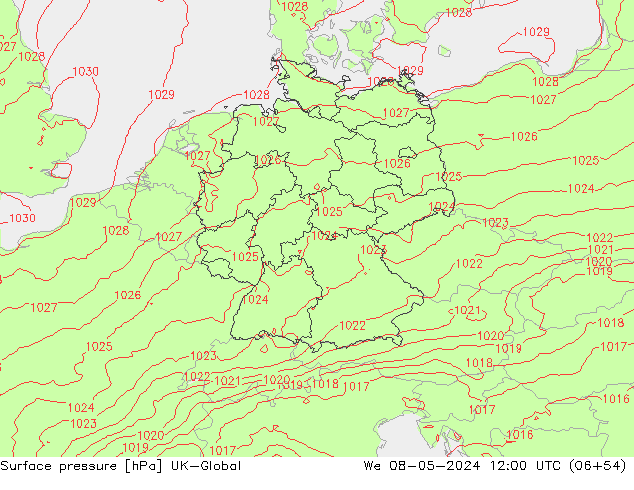 Pressione al suolo UK-Global mer 08.05.2024 12 UTC
