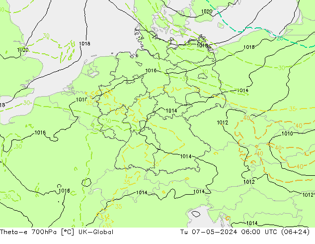 Theta-e 700hPa UK-Global Tu 07.05.2024 06 UTC