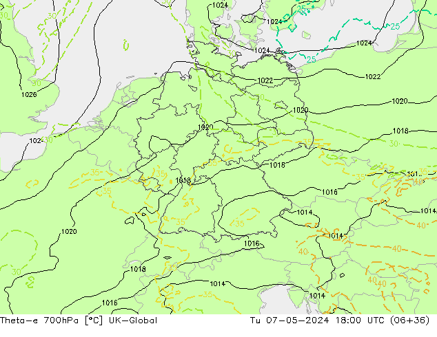 Theta-e 700hPa UK-Global Sa 07.05.2024 18 UTC