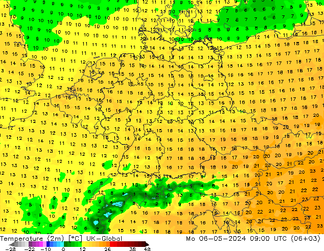 Temperatura (2m) UK-Global Seg 06.05.2024 09 UTC