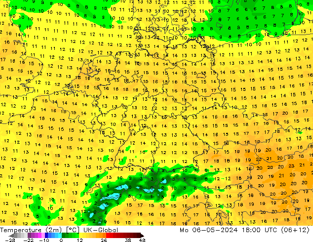 Temperaturkarte (2m) UK-Global Mo 06.05.2024 18 UTC