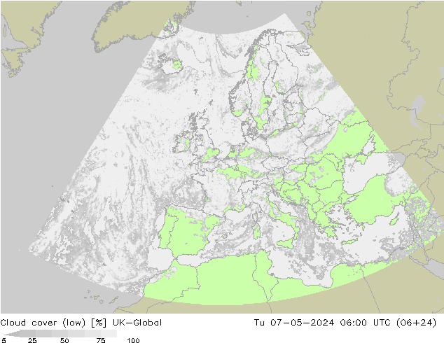 Cloud cover (low) UK-Global Tu 07.05.2024 06 UTC