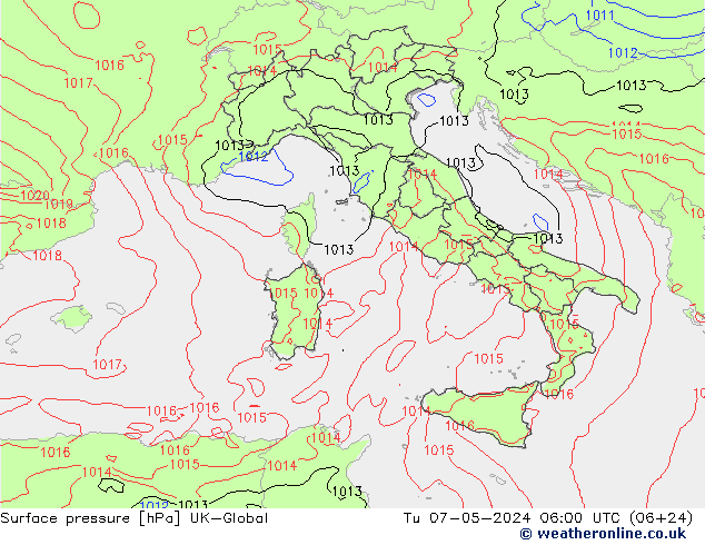 Pressione al suolo UK-Global mar 07.05.2024 06 UTC