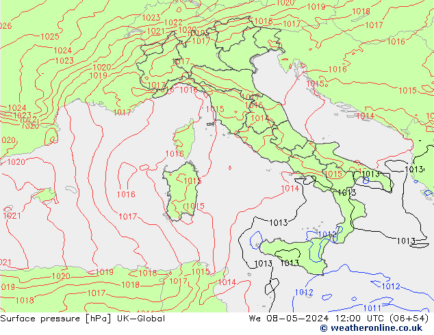 Presión superficial UK-Global mié 08.05.2024 12 UTC