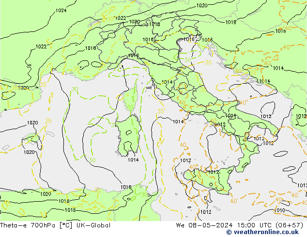 Theta-e 700hPa UK-Global We 08.05.2024 15 UTC