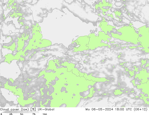 Cloud cover (low) UK-Global Mo 06.05.2024 18 UTC