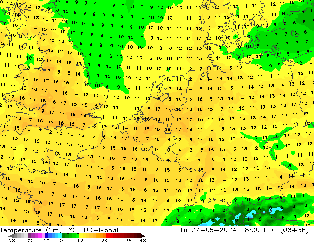 Temperature (2m) UK-Global Tu 07.05.2024 18 UTC