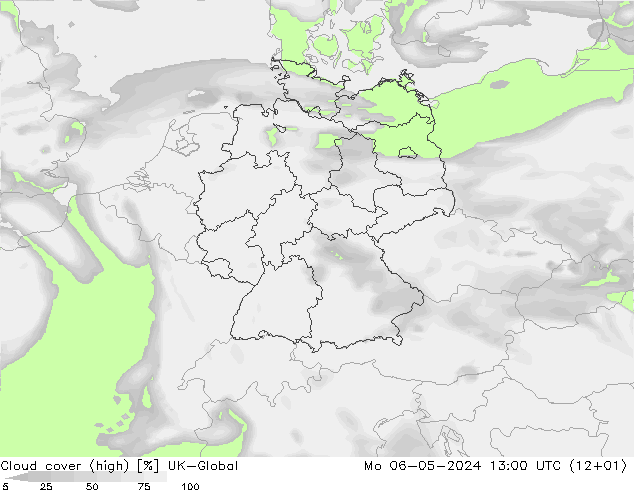 Cloud cover (high) UK-Global Mo 06.05.2024 13 UTC