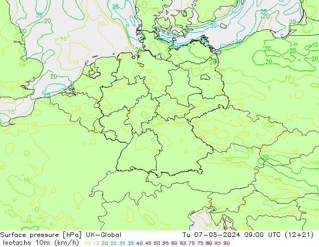 Isotachen (km/h) UK-Global Di 07.05.2024 09 UTC