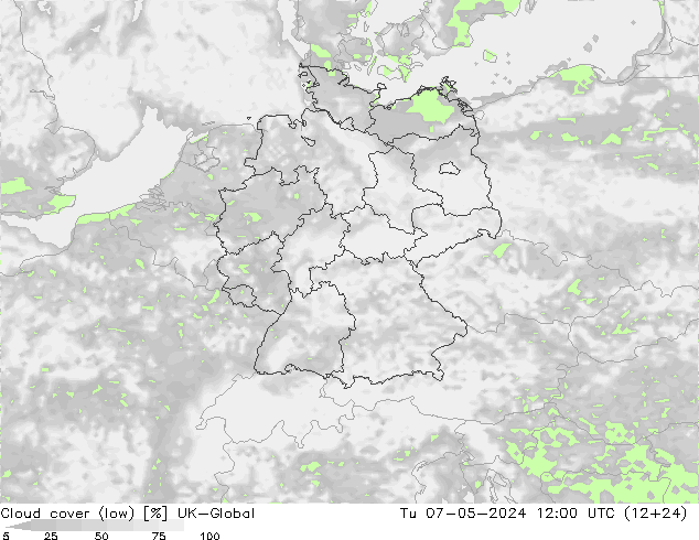 Cloud cover (low) UK-Global Tu 07.05.2024 12 UTC