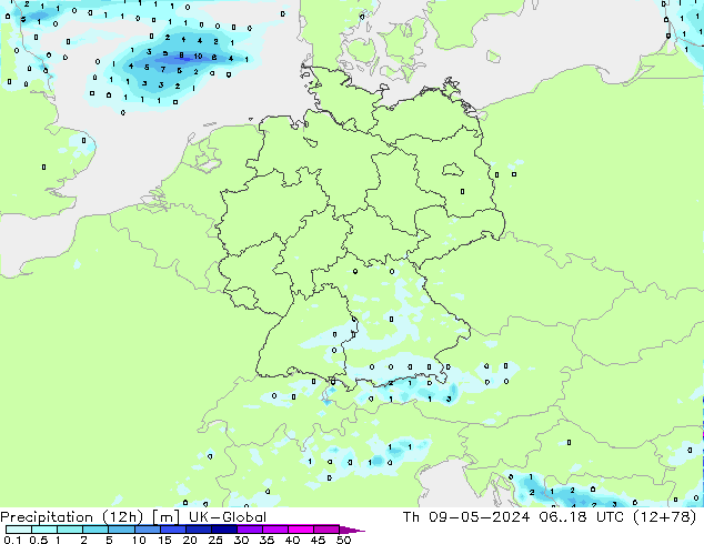 Precipitation (12h) UK-Global Th 09.05.2024 18 UTC