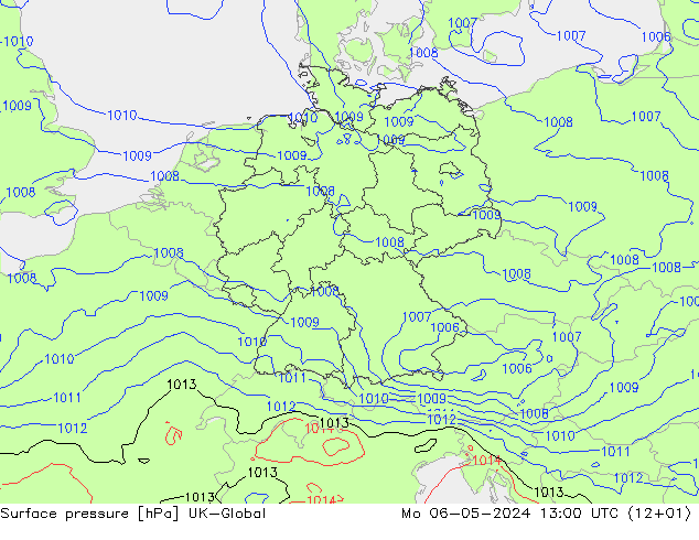 Atmosférický tlak UK-Global Po 06.05.2024 13 UTC