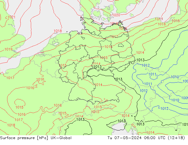 Surface pressure UK-Global Tu 07.05.2024 06 UTC