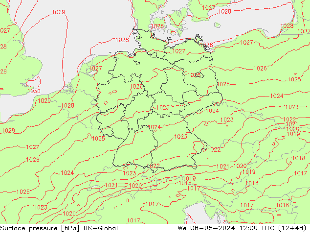 Pressione al suolo UK-Global mer 08.05.2024 12 UTC