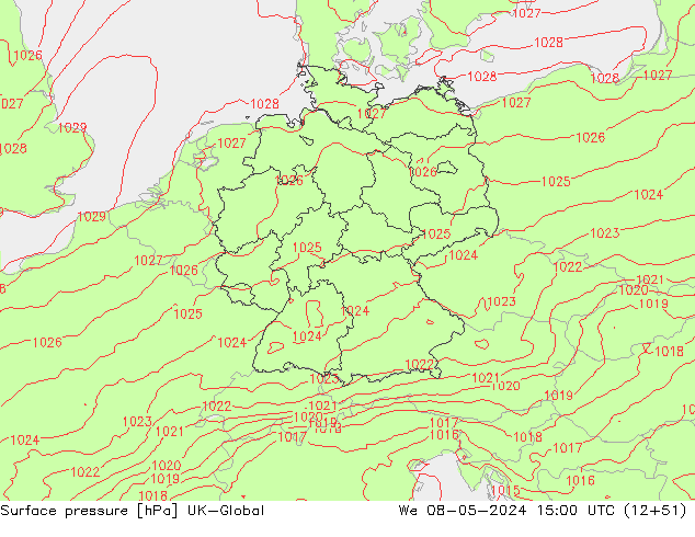 Pressione al suolo UK-Global mer 08.05.2024 15 UTC