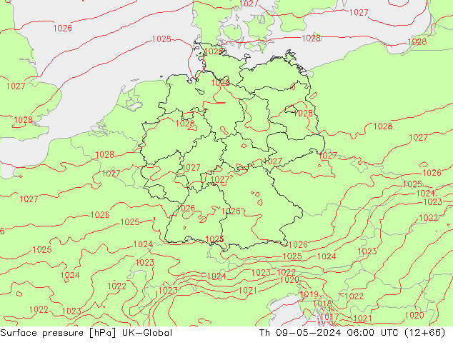 Surface pressure UK-Global Th 09.05.2024 06 UTC