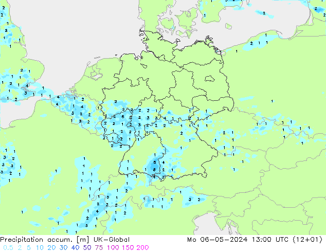 Precipitation accum. UK-Global пн 06.05.2024 13 UTC