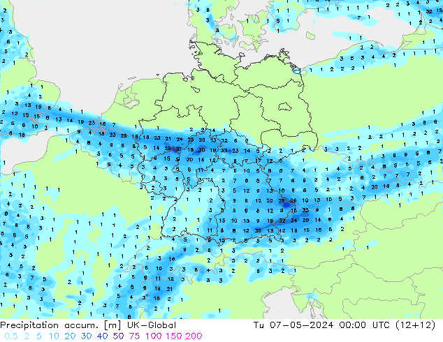 Precipitation accum. UK-Global Tu 07.05.2024 00 UTC