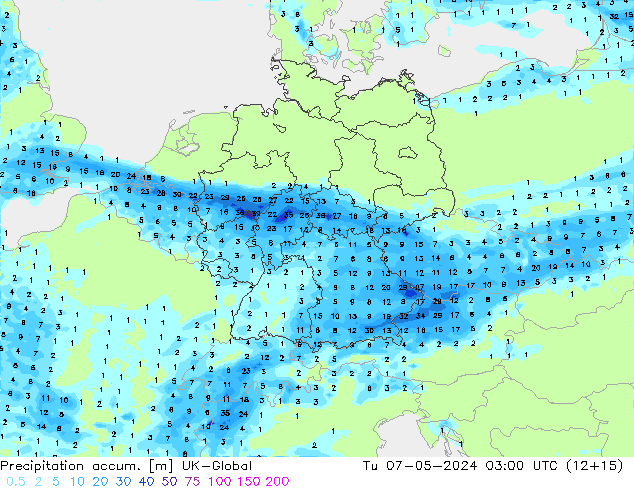 Precipitation accum. UK-Global Tu 07.05.2024 03 UTC