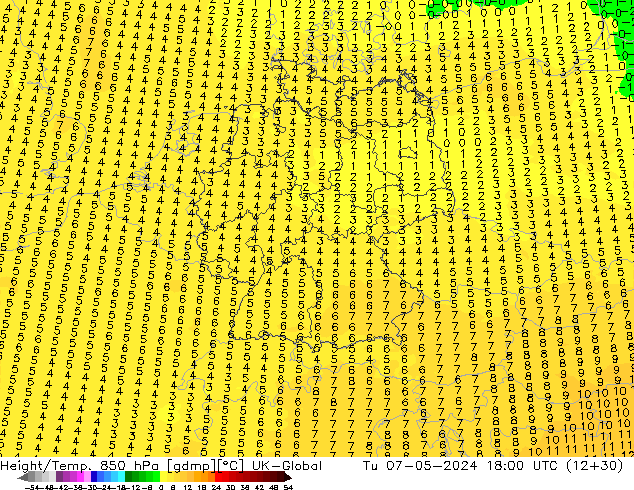Geop./Temp. 850 hPa UK-Global mar 07.05.2024 18 UTC