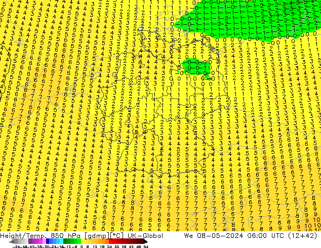 Hoogte/Temp. 850 hPa UK-Global wo 08.05.2024 06 UTC