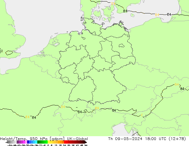 Height/Temp. 950 гПа UK-Global чт 09.05.2024 18 UTC