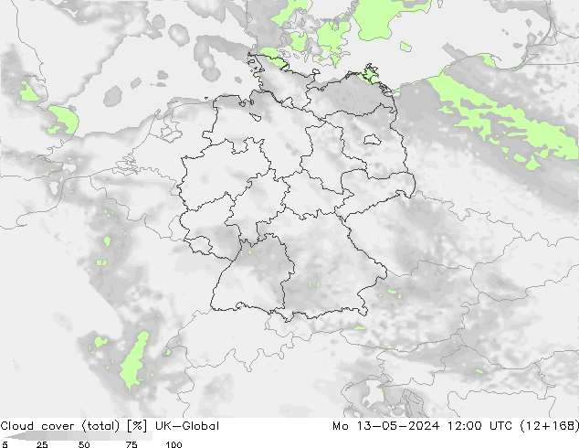 Cloud cover (total) UK-Global Mo 13.05.2024 12 UTC