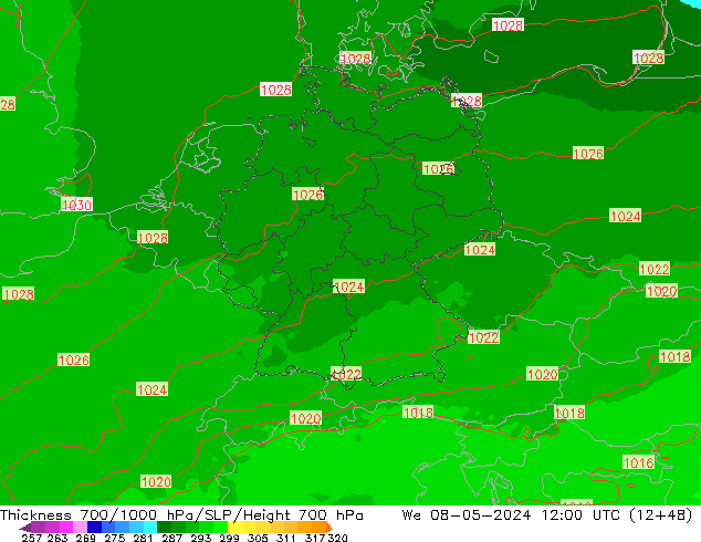 Thck 700-1000 hPa UK-Global We 08.05.2024 12 UTC