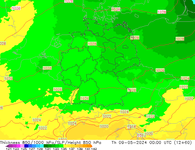 Schichtdicke 850-1000 hPa UK-Global Do 09.05.2024 00 UTC