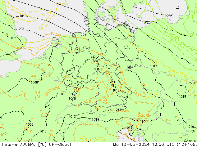Theta-e 700hPa UK-Global Po 13.05.2024 12 UTC