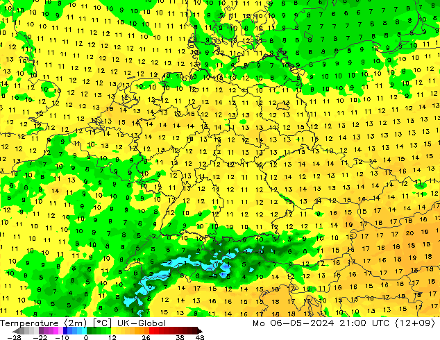 Temperature (2m) UK-Global Mo 06.05.2024 21 UTC