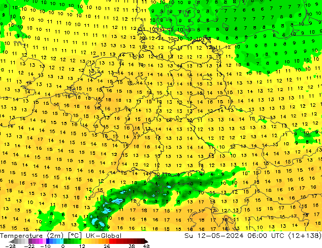 Temperatuurkaart (2m) UK-Global zo 12.05.2024 06 UTC