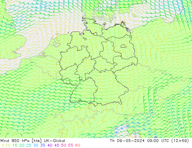 Viento 850 hPa UK-Global jue 09.05.2024 09 UTC