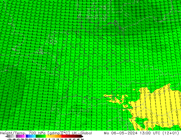 Height/Temp. 700 hPa UK-Global lun 06.05.2024 13 UTC