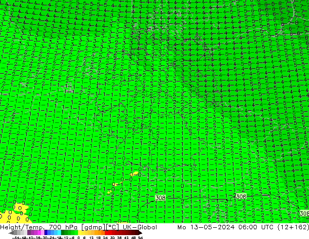 Géop./Temp. 700 hPa UK-Global lun 13.05.2024 06 UTC