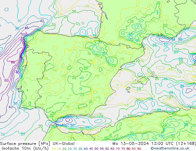 Isotachen (km/h) UK-Global Mo 13.05.2024 12 UTC