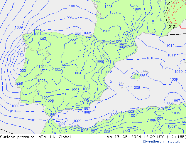 Pressione al suolo UK-Global lun 13.05.2024 12 UTC