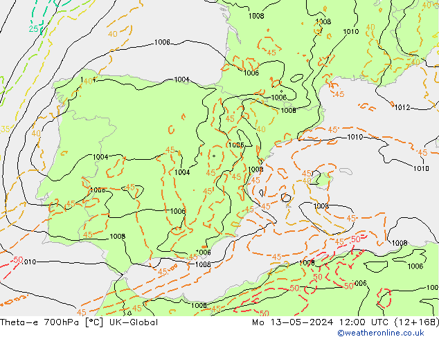 Theta-e 700hPa UK-Global Po 13.05.2024 12 UTC