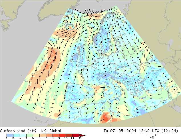 Surface wind (bft) UK-Global Tu 07.05.2024 12 UTC