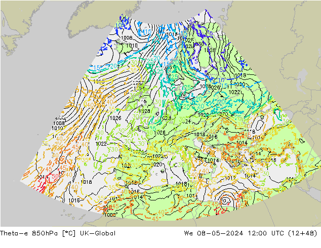 Theta-e 850hPa UK-Global Mi 08.05.2024 12 UTC