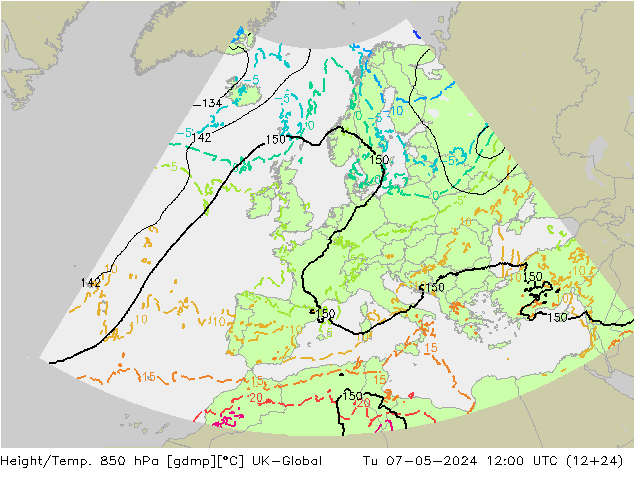 Height/Temp. 850 hPa UK-Global Tu 07.05.2024 12 UTC