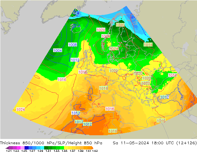Dikte 850-1000 hPa UK-Global za 11.05.2024 18 UTC