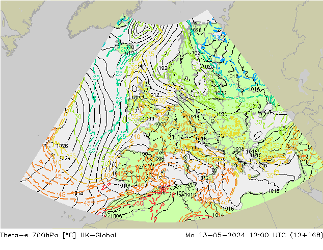 Theta-e 700hPa UK-Global ma 13.05.2024 12 UTC