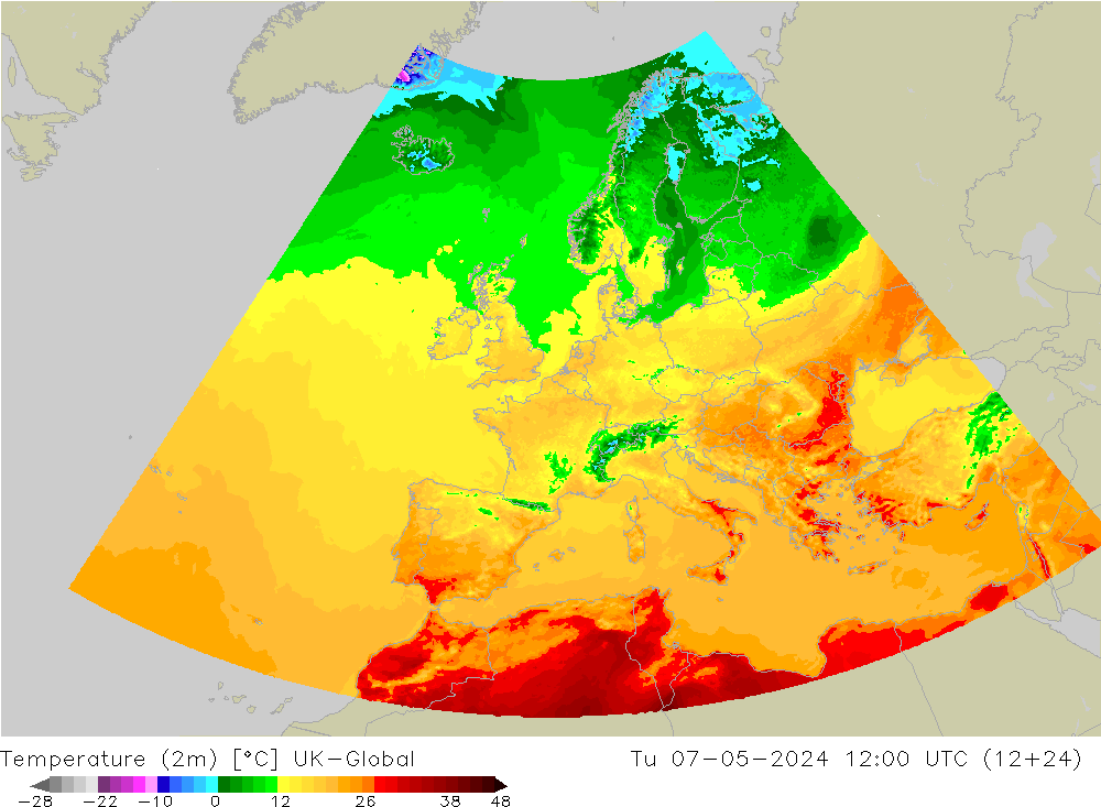Temperature (2m) UK-Global Tu 07.05.2024 12 UTC